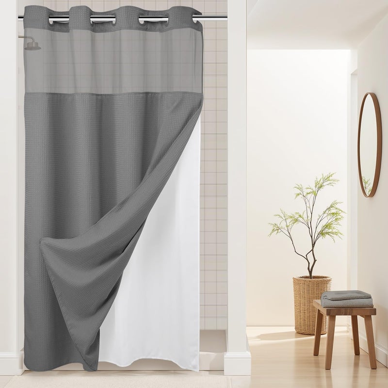 River Dream Heavyweight No Hooks Required Dotted Waffle Weave Shower Curtain with Snap in Liner -Stall 54W x 80H,Hotel Grade,Spa Like Bath Curtain,Gray - Image 1